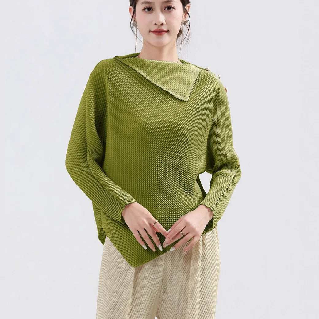 

Плиссированная футболка Miyake с длинным рукавом, отложным воротником, асимметричным подолом, эластичная, однотонная, свободного кроя, повседневная, плиссированная одежда