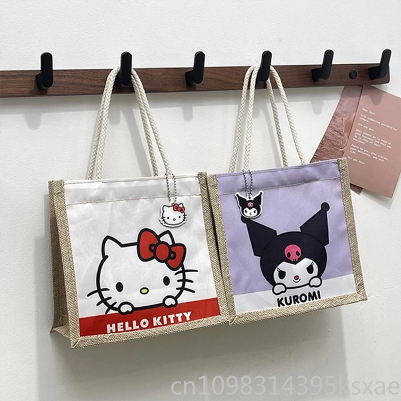 Sanrio Hello Kitty Handbag Flax Large Capacity Tote for Women Girl Kawaii Melody Printing Cartoon Lightweight Shoulder Bag
