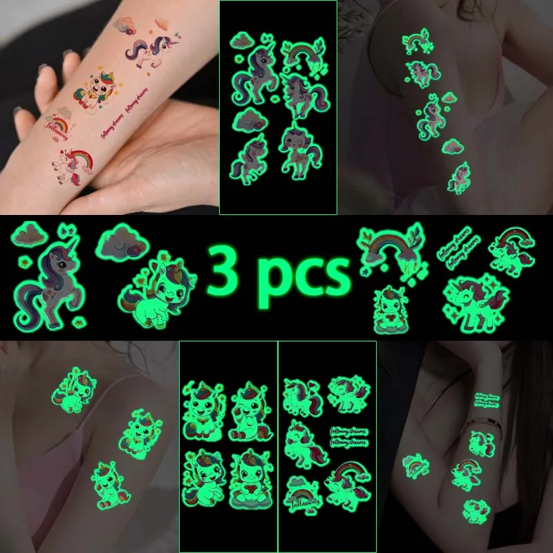 

3 Sheets Rainbow Unicorn Waterproof Temporary Tattoo Sticker, for use on arms, Long-lasting, Realistic, Fake Tattoo