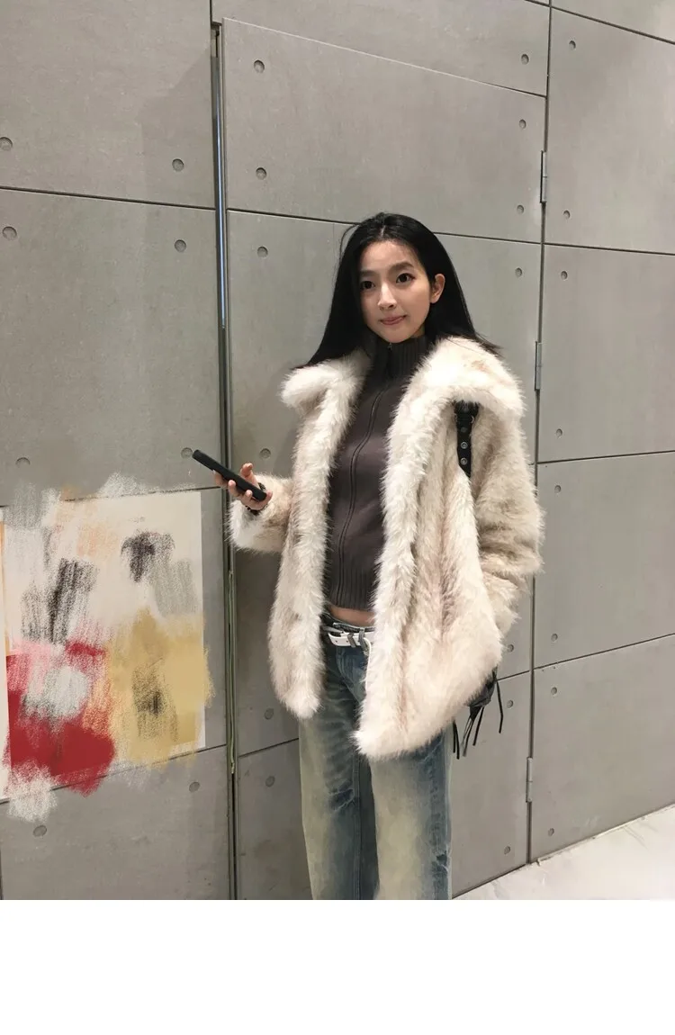 Winter Women Gradient White With Black Tips Long Hairy Shaggy Fox Faux Fur Coat Lapel Collar Midi Long Straight Shaggy Outerwear