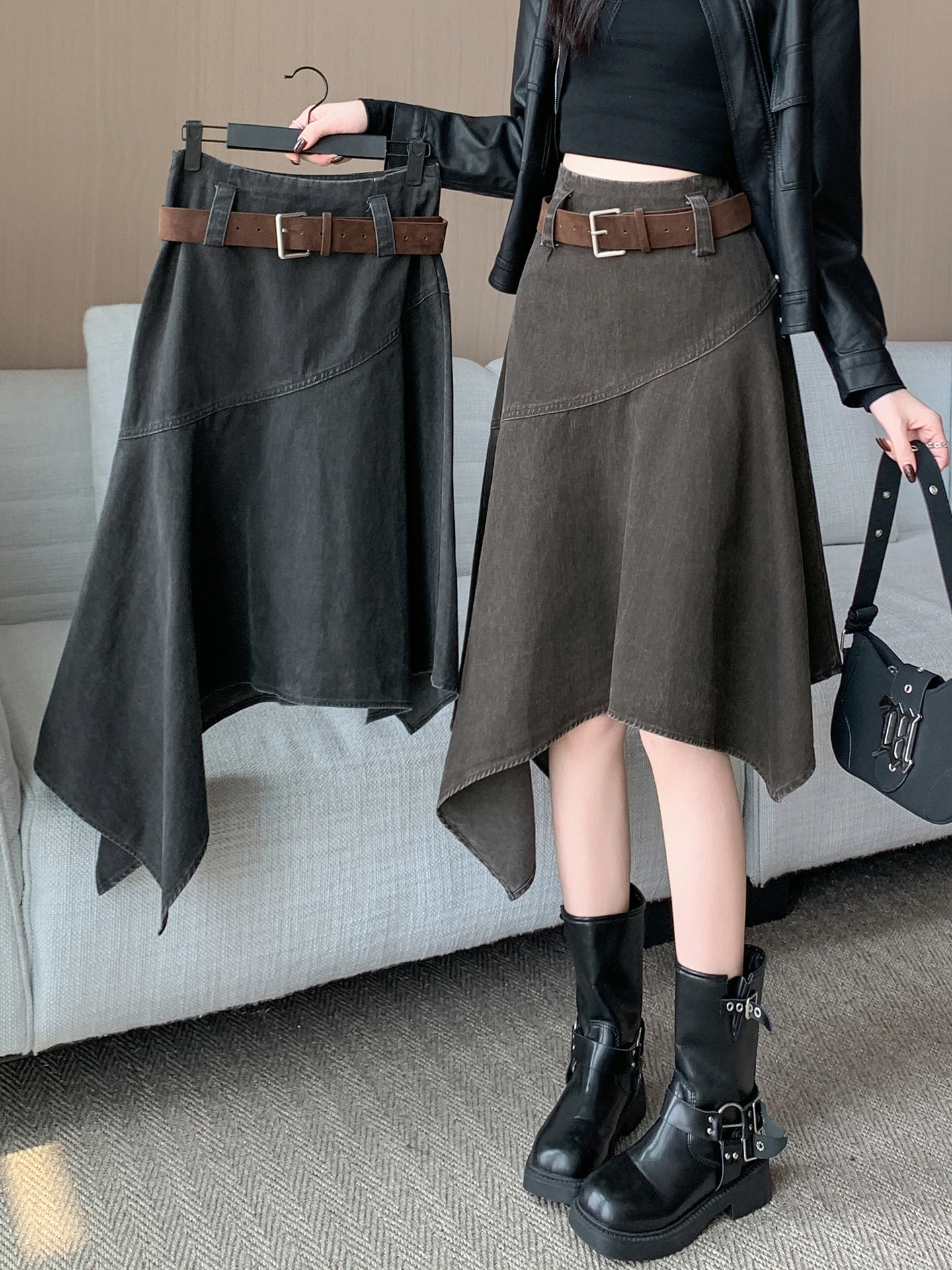 

Retro High Waist A-Line Skirt Women's Spring Autumn New Sle Small Size Versatile Slimming Asymmetrical Denim Skirt