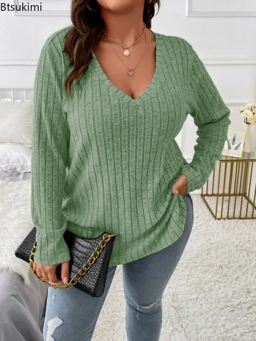 2024 Women\'s Casual Knitted Pullover Tees Plus Size Sexy V-Neck Long Sleeve Girls Solid Color T-Shirt Autumn Winter Sweater Tops