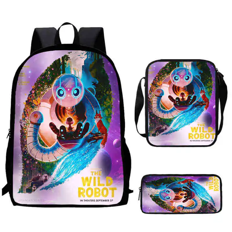 Harajuku Popular Novelty The Wild Robot 3D Print 3pcs/Set Student School Bags Laptop Daypack Backpack Lunch bag Pencil Case