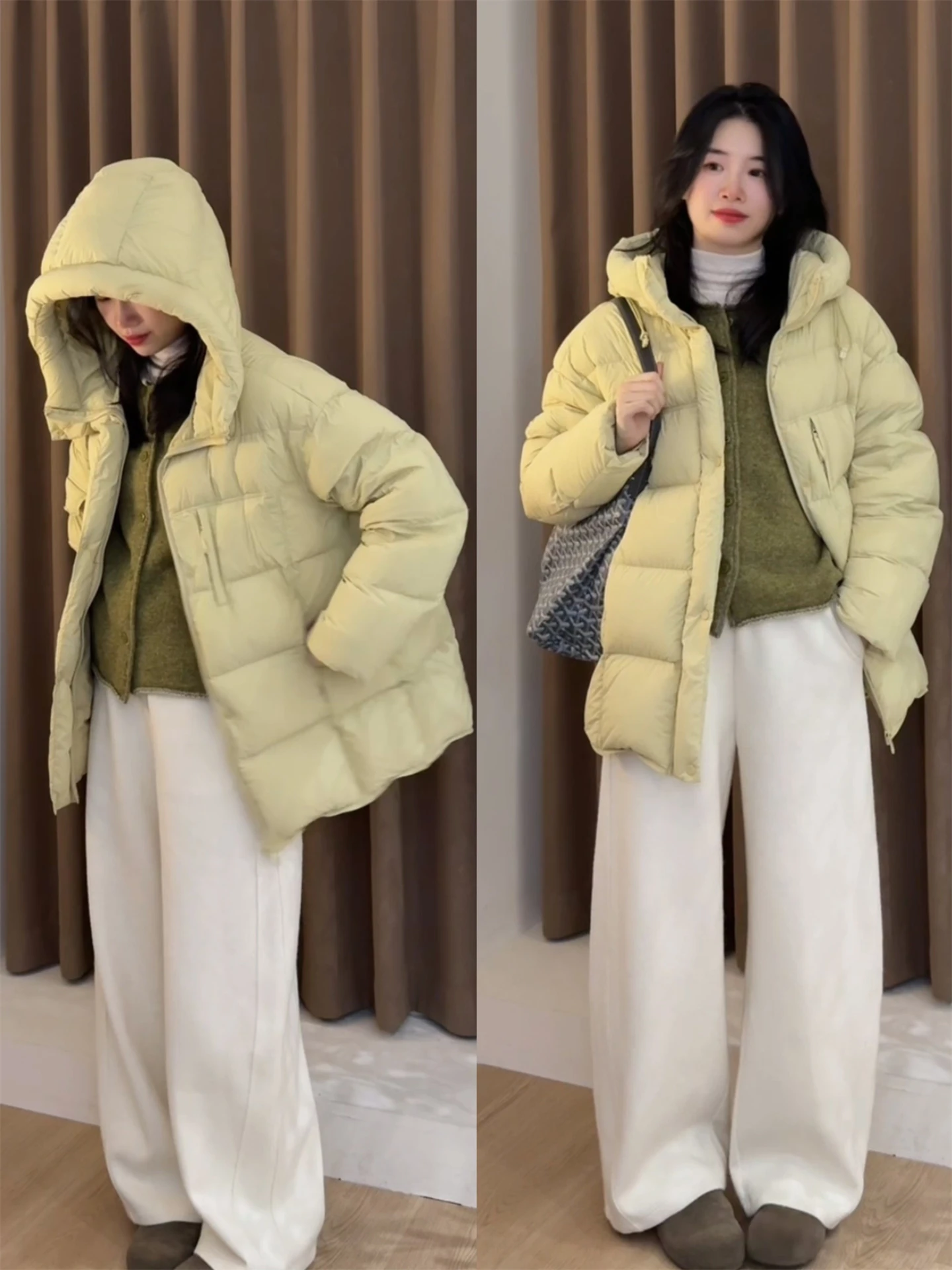 

Women's Thiened 95 White Du down Puffer Jaet Hooded Mid-Length Bread Sle Coat Warm Outerwear Winter Faion Ladies