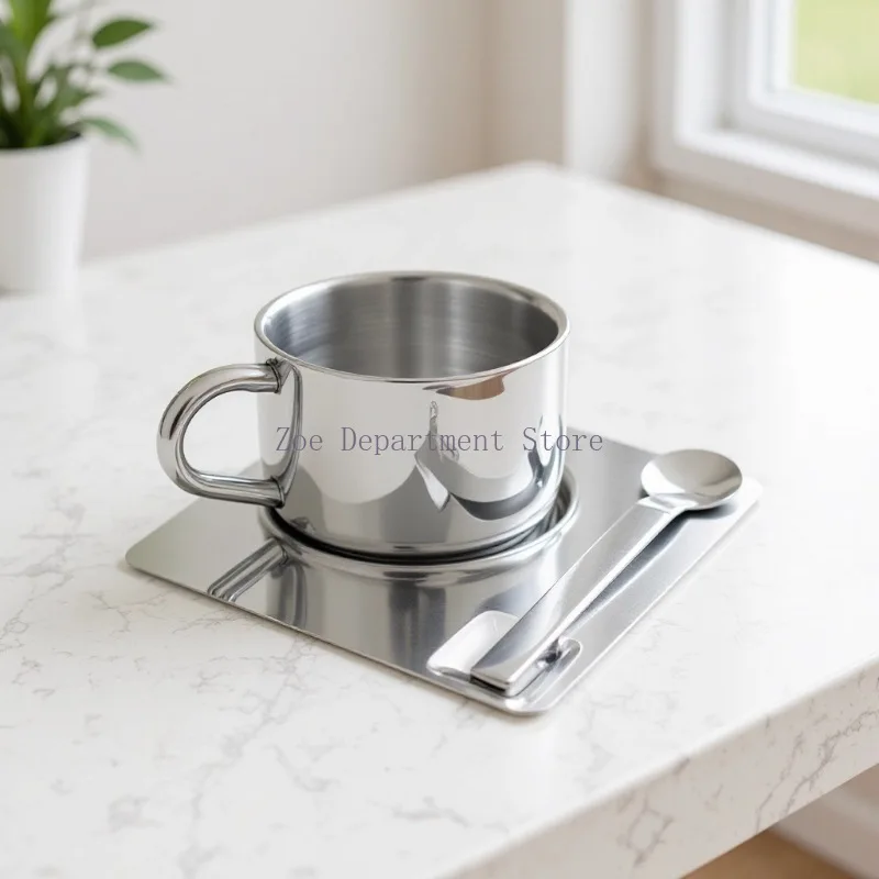 Minimalist Nordic Mug 3pcs Set 304 Stainless Steel Coffee Mug Heat Resistant Milk Cup with Saucer Spoon Placemat Tableware Set