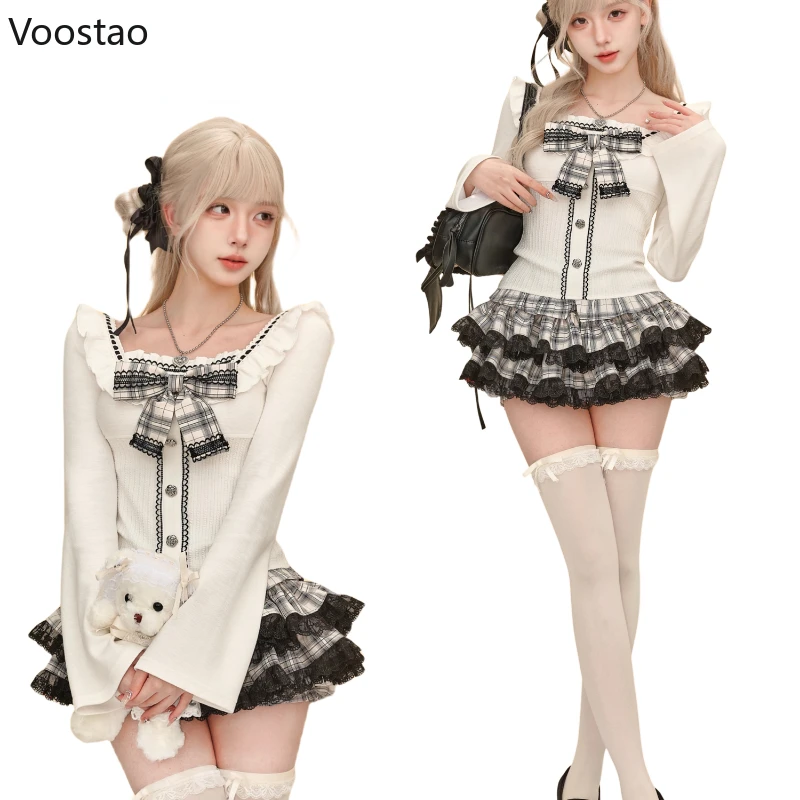 Japanese Gothic Lolita 2 Piece Sets Women Sweet Bow Long Sleeves Blouse Tops Lace Ruffles Plaid Mini Skirt Female Korean Outfits