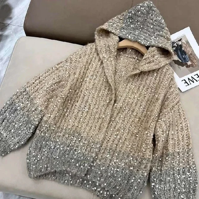 Elegant Sequin Sweater Women Fashion Lurex Long Sleeve Loose Female Zipper Knit Oversized Cardigan Autumn Streetwear Lady Coat