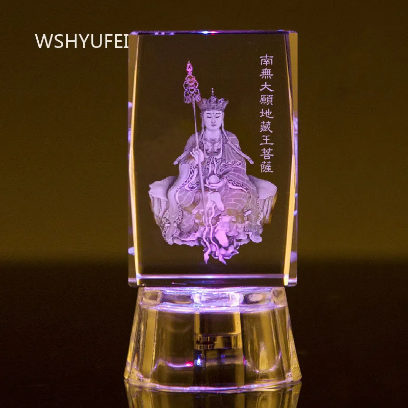 3D Laser Engraved Crystal Ksitigarbha Bodhisattva Statue with 7 Color LED Base Buddhist Figurine Crafts for Home Meditation