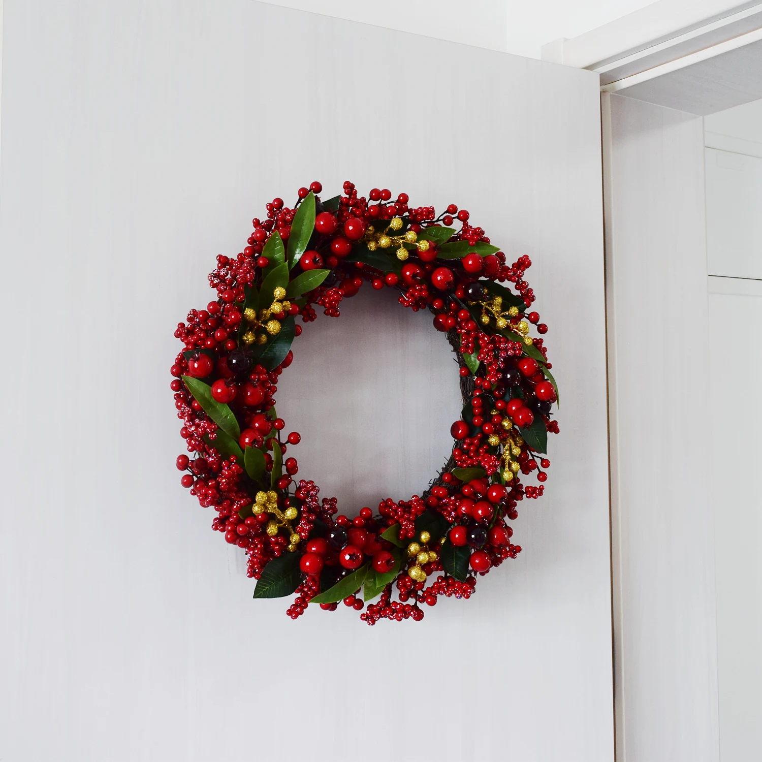 Guirnalda de imitación de 40cm, decoración navideña, colgante para fiesta, guirnalda de hojas verdes de grosella roja hecha a mano, decoración del hogar para boda