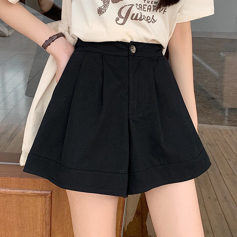 Short ample en pur coton pour femmes, jambe droite, fin, décontracté, couleur unie, pantalon court, Style collège coréen, été 2025