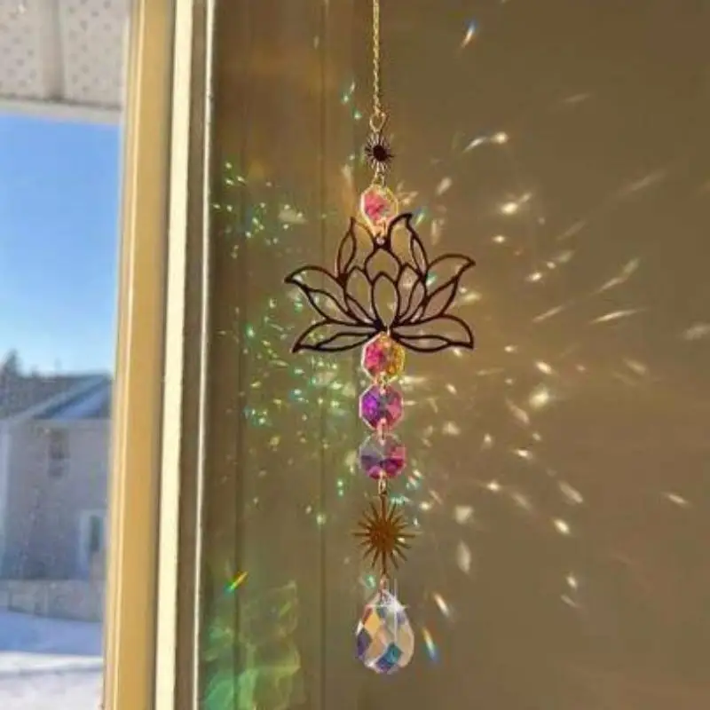 Sun Catcher Crystal Lotus Hanging Crystal Colored Glass Sun Catcher Outdoor Decoration Rainbow Maker Prism Chakra Garden Decora
