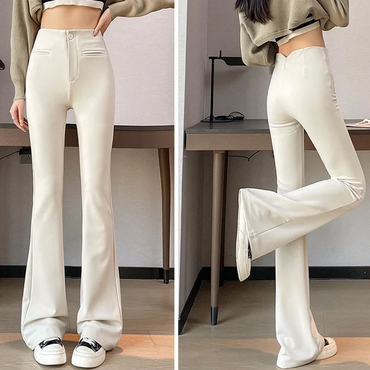 High Quality Korean High Waist Pants Woman Summer Thin High Elastic Skinny Flared Pants Women Elegant Bag Hip Wide Leg Trousers