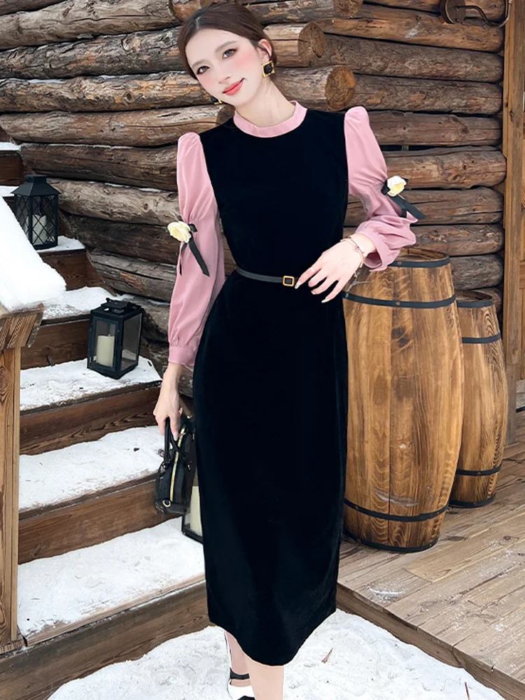 

Элегантное бархатное платье контрастного цвета с длинными рукавами и французским темпераментом, женское винтажное офисное тонкое вечернее платье Vestidos