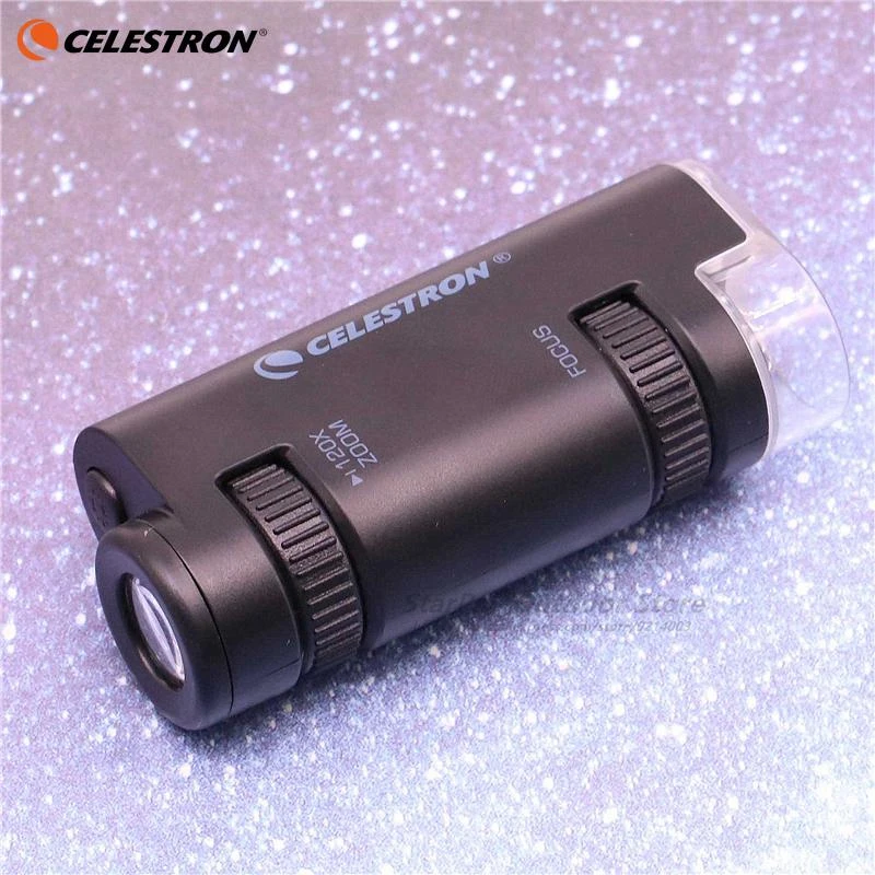 CELESTRON Portable Hand Monocular Microscope 60X-120X Stepless Zoom Microscope Light Source Focus on Easy for Beginner/Child