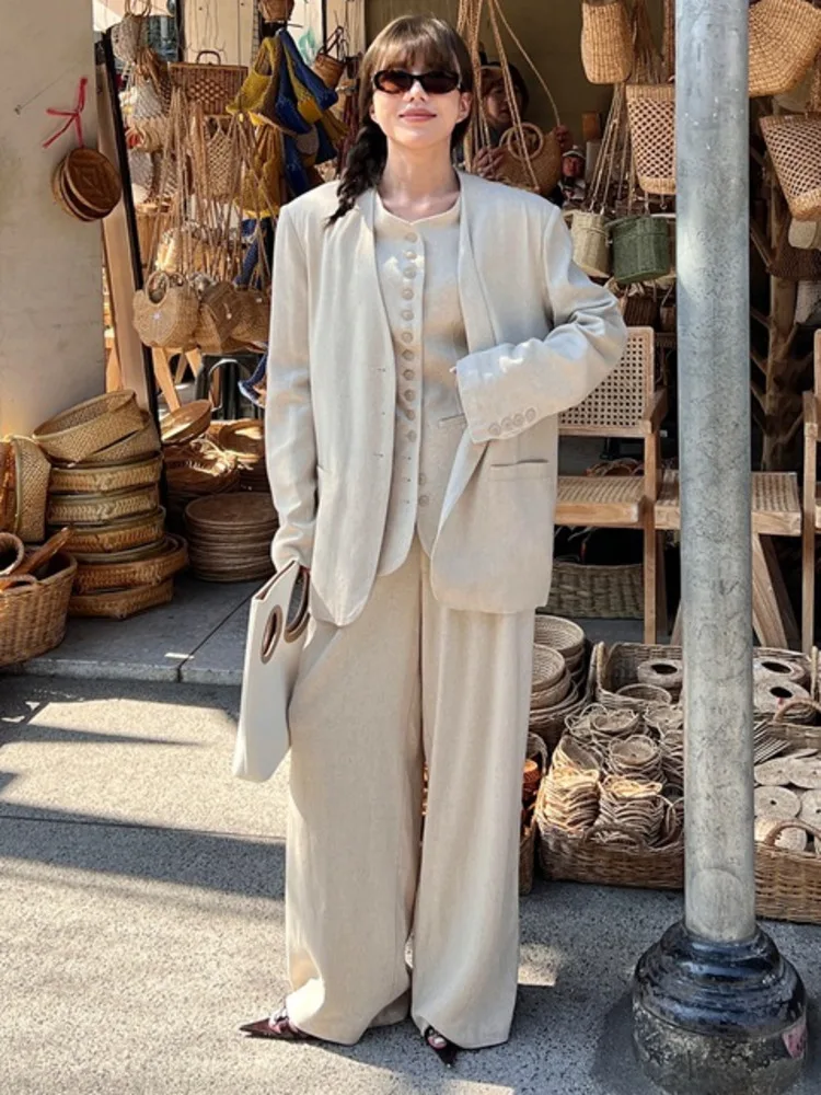 [LANMREM] Linen High Waist Suits Pants For Women Solid Straight Office Lady Trousers Vintage Clothes 2024 Summer New 26D8951