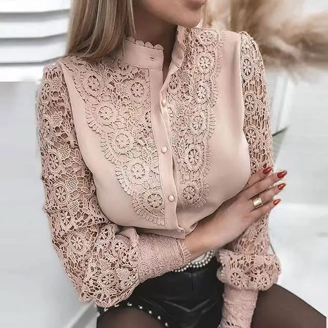 Faion Vne Women's Blouse Ladies irt Slim Fit Long Sve Lace Detail Commute Sle Pure Color Top for Young Women