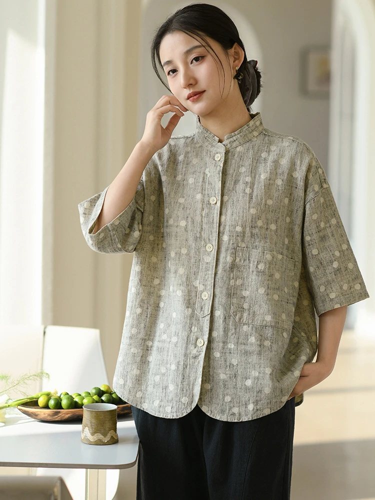 

Women Cotton Linen Casual Shirt New 2026 Summer Vintage Stand Collar Polka Dot Pattern Female Short Sleeve Tops Shirts M2497