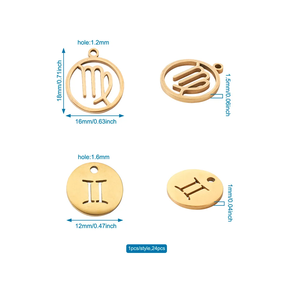 24Pcs Gold Color Flat Round Twelve Constellations Sign Charms Horoscope Astro Pendant DIY Jewelry Making Accessories