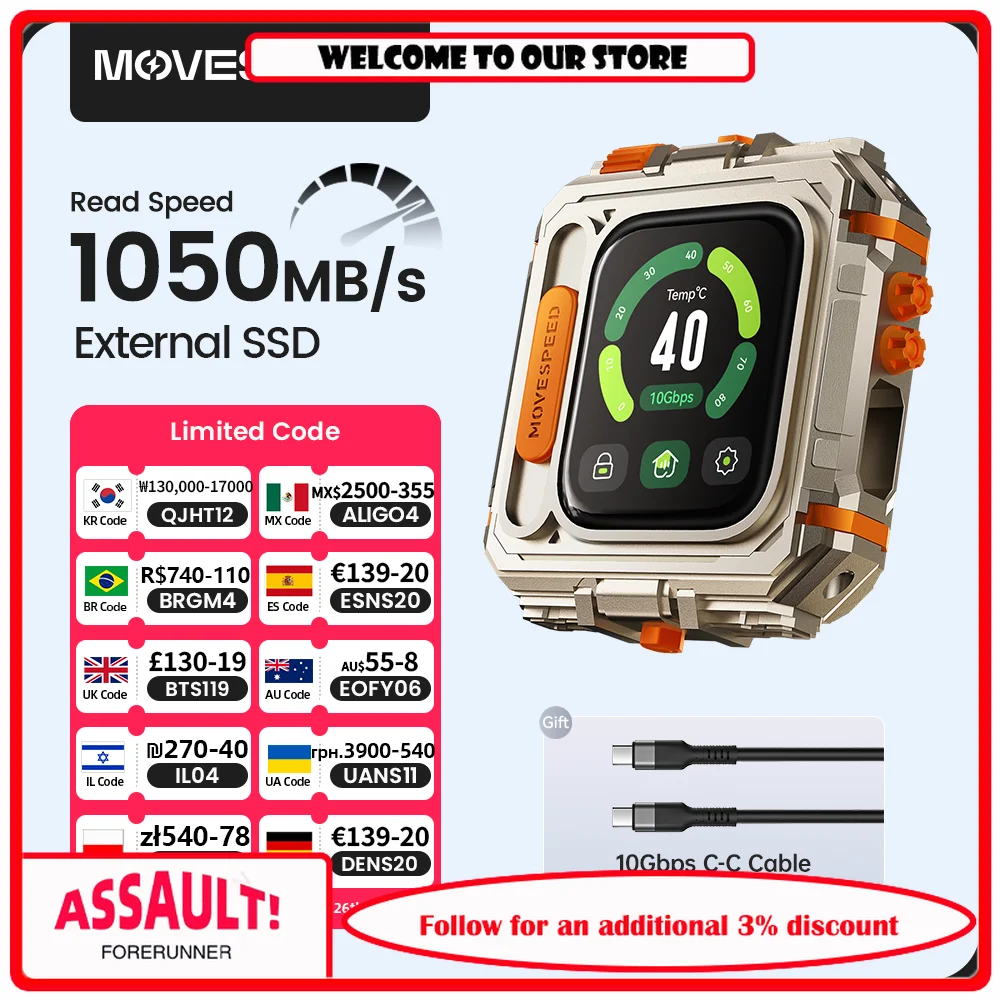 MOVESPEED GD10 1050MB/s External SSD 2TB 1TB Touchscreen Encryption USB3.2  Gen2 Type C Hard Drive for iPhone 15/16 PS4 PS5 PC