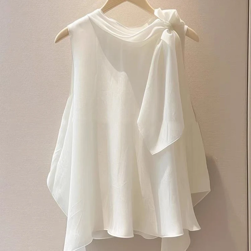 

Fashion Stand Collar Sleeveless Lace Up Bow Blouses Female Clothing 2025 Summer New Loose Solid Color Korean Tops Chic Shirts