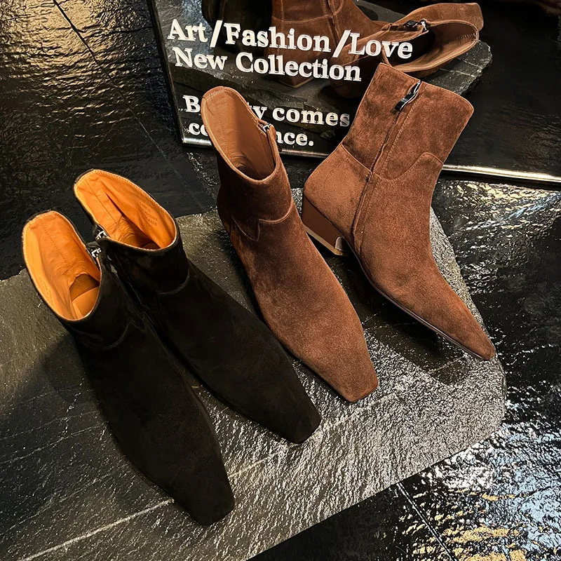 

Arden Furtado 2024 Autumn Sheep suede Coarse heel Short boots Square toe Low heel Side zipper Modern boots Large size Boots