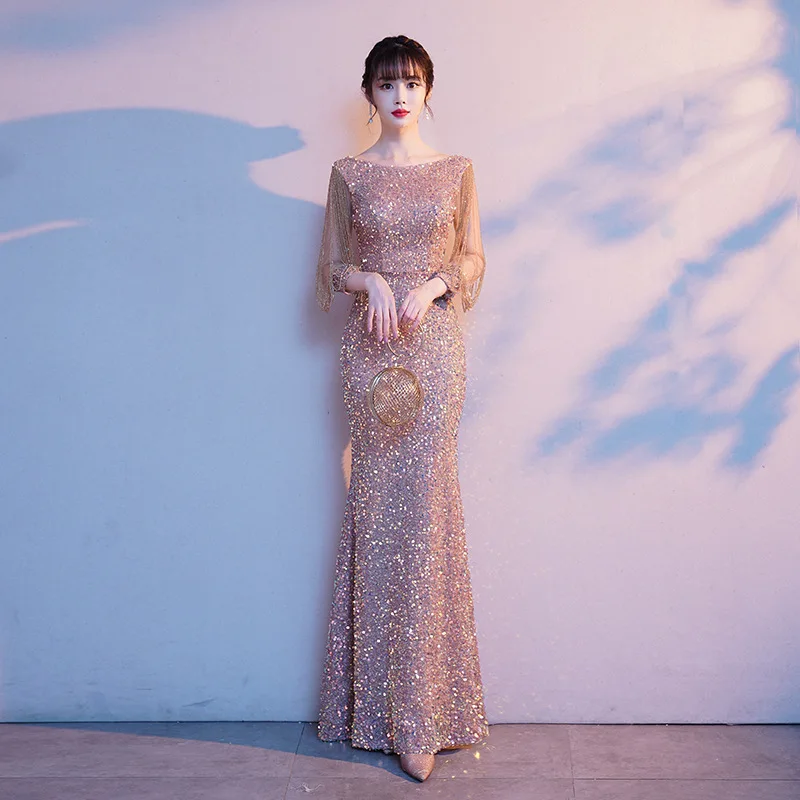 Robe de Soirée de Forme Sirène à Paillettes pour Femme, Tenue Élégante à Fermeture Éclair, Manches Mi-sulf, pour Cocktail, Bal de Promo, 2023