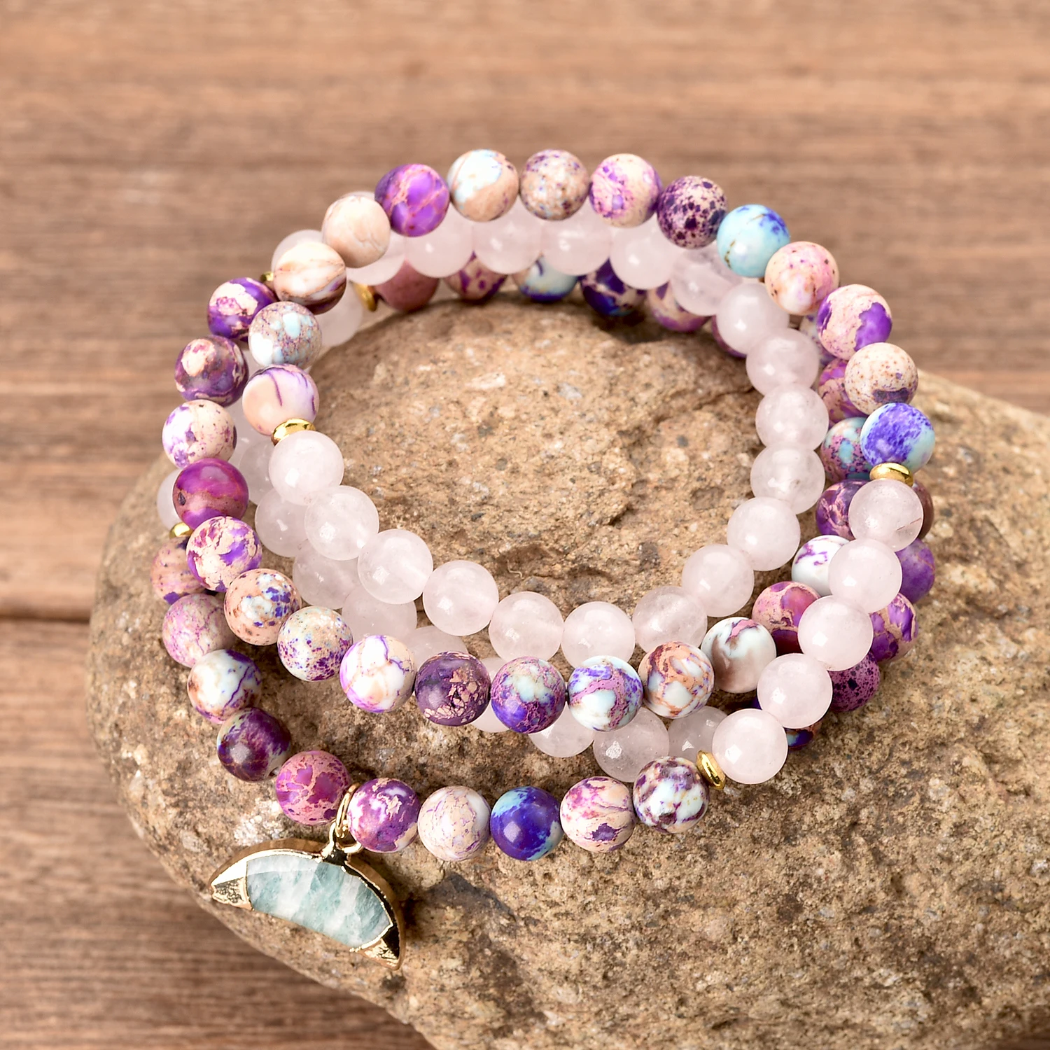 Handmade 108 Wrap Mala Prayer Bracelets Impression Jasper and Rose Quartz Bracelet Yoga Amazonite Moon Pendant 6mm