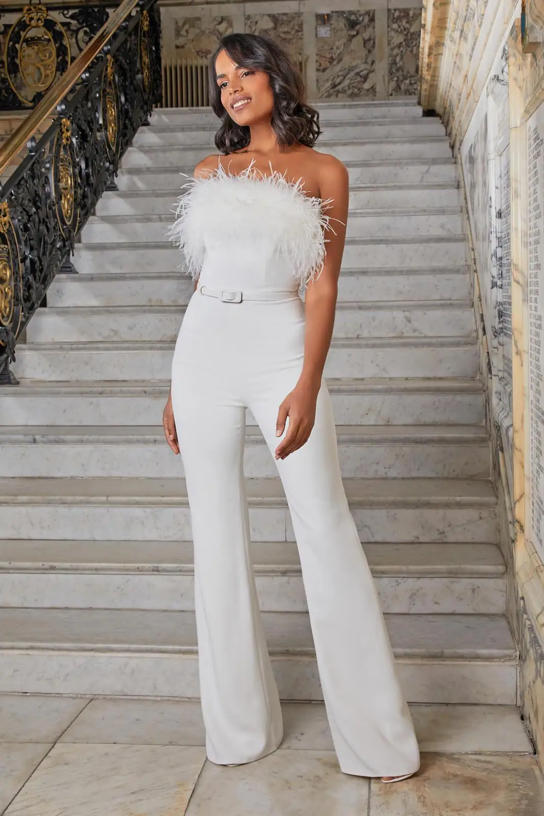 Hot sale feather strapless jumpsuit white corset top sexy one piece jumpsuit elegant fall clothing for women