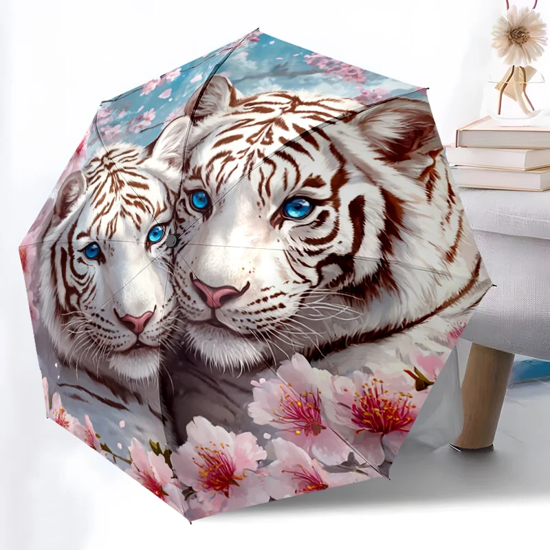 

1pc Automatic Open/Close Umbrella with Floral design - Elegant White Tiger & Cherry Blossoms Pattern, Compact Travel Umbrella