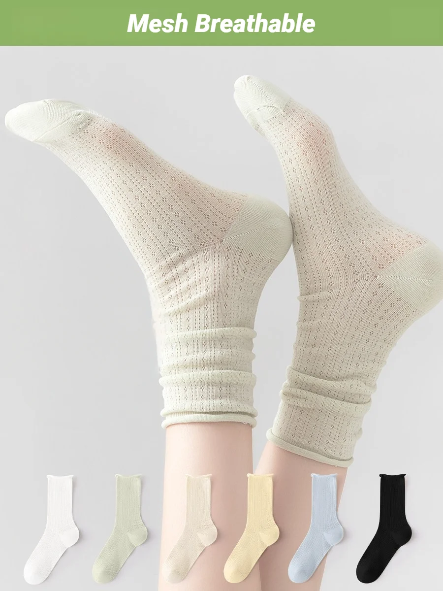 Women Seamless Mid Calf Stack Socks, Thin Summer Candy Color Hollow Out Rolled Edge  Sweet Basic Casual Fashion