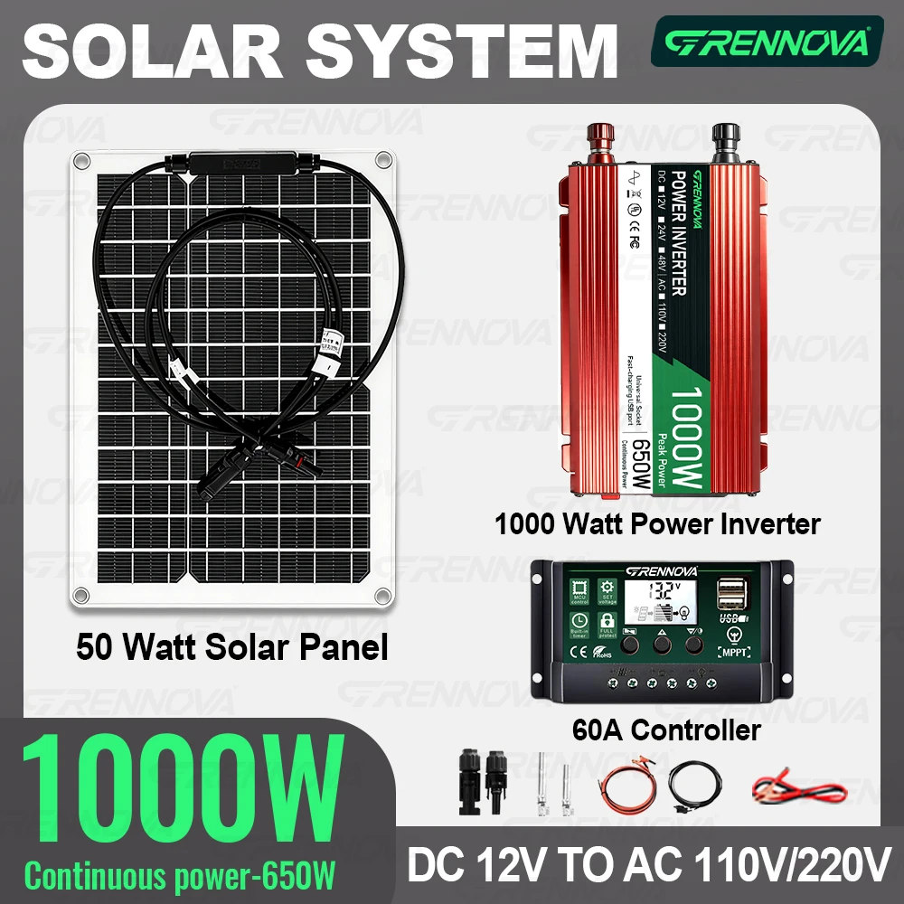 

Solar Power Solution Kit 50W Panel 60A Controller Inverter (Peak 1000W Continuous 650W) 12V To 110V/220V for Balcony & RV Home