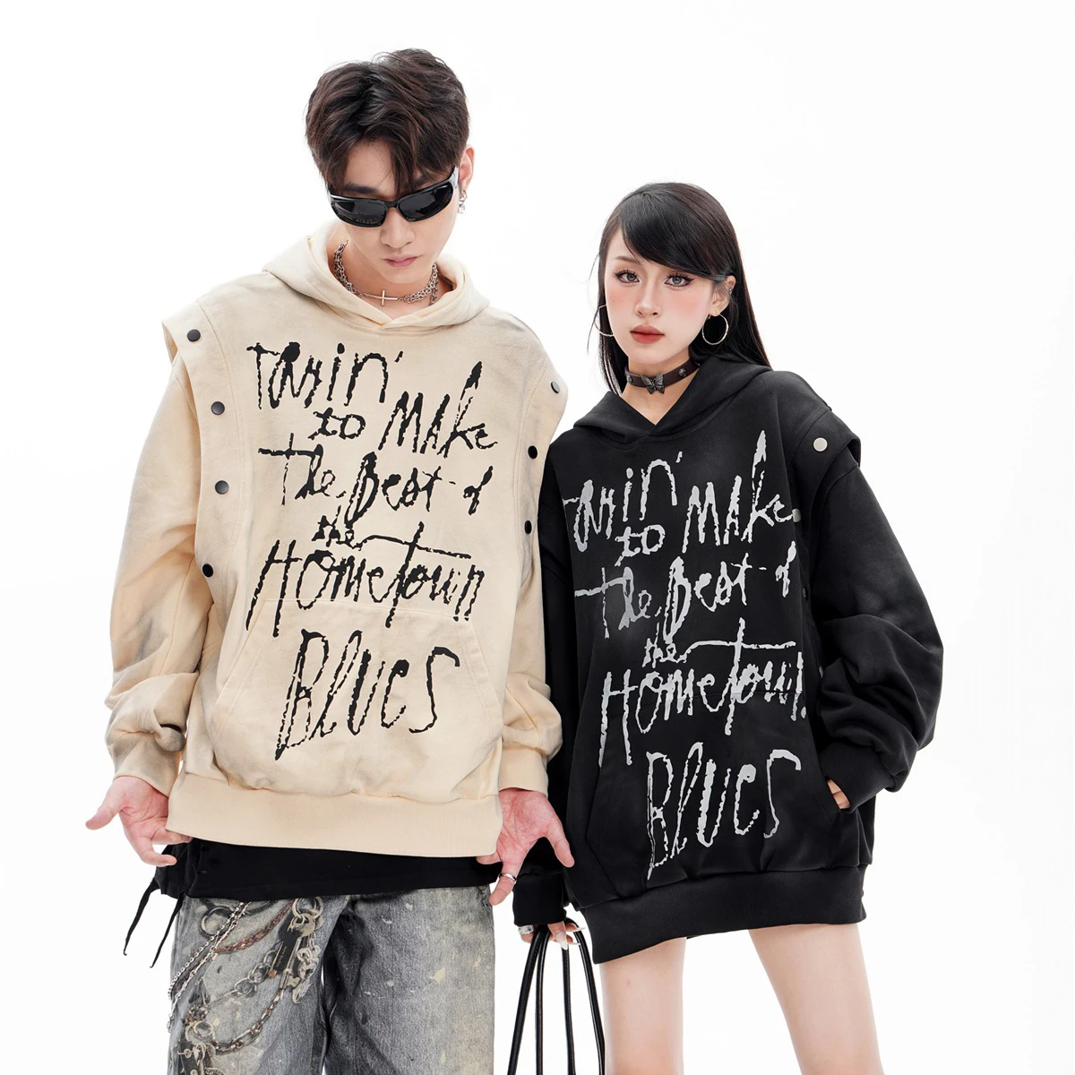 Detachable Sleeves Disressed Black Hooded Women's Hoodies Punk Goth Streetwear Full Letters Oversized Sweatshirts for Women Men