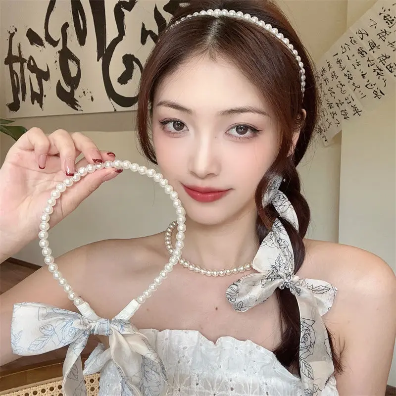 Chinese Style Streamer Pearl One-Piece Braided Hair Headband HairAccessories Printed Rose Ribbon Silk Scarf Hair Tie Hairband