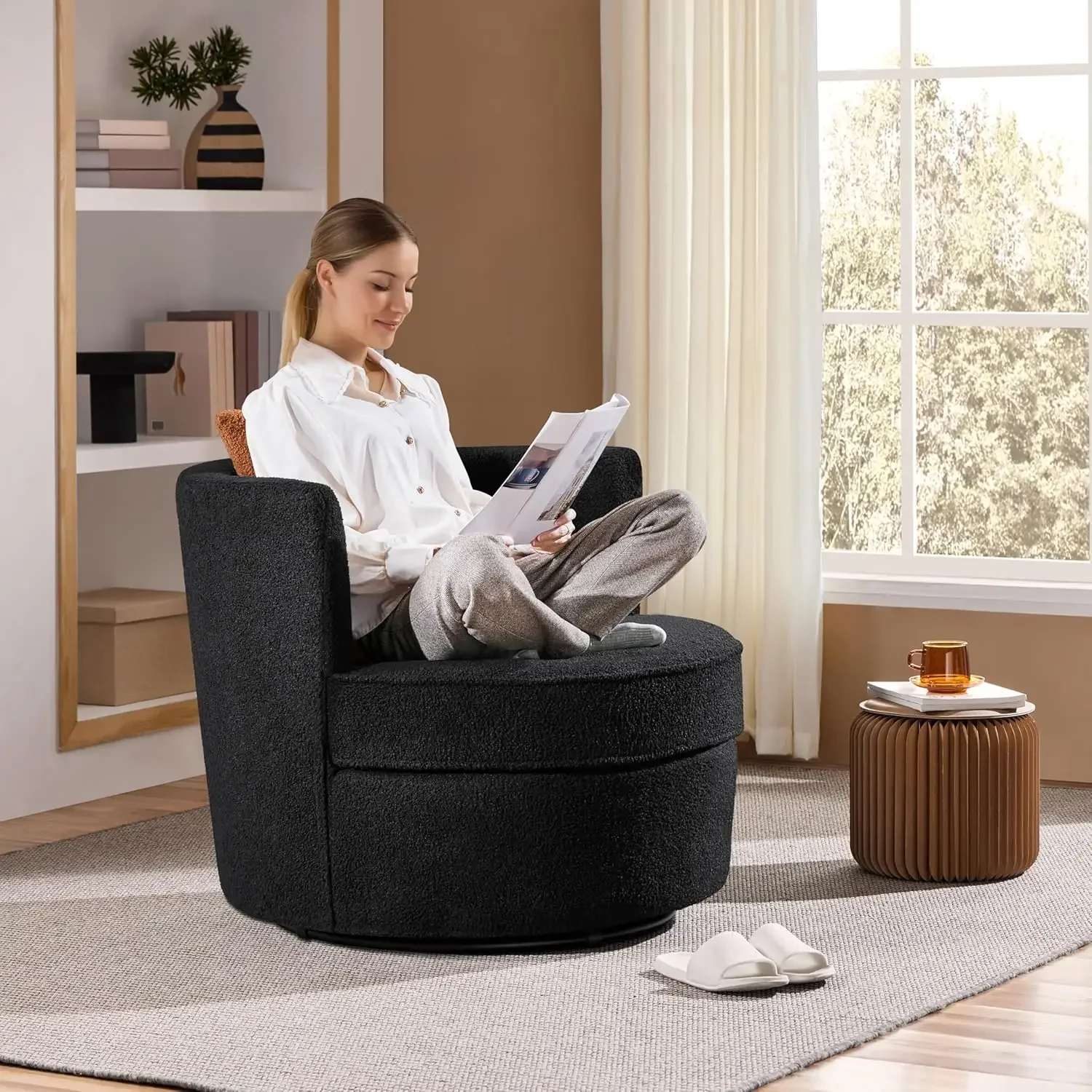 Swivel Accent Chair, 360° Boucle Swivel Barrel Chair, Soft Upholstered Swivel Arm Chair with Removable Throw Pillow, Sofa Sherpa