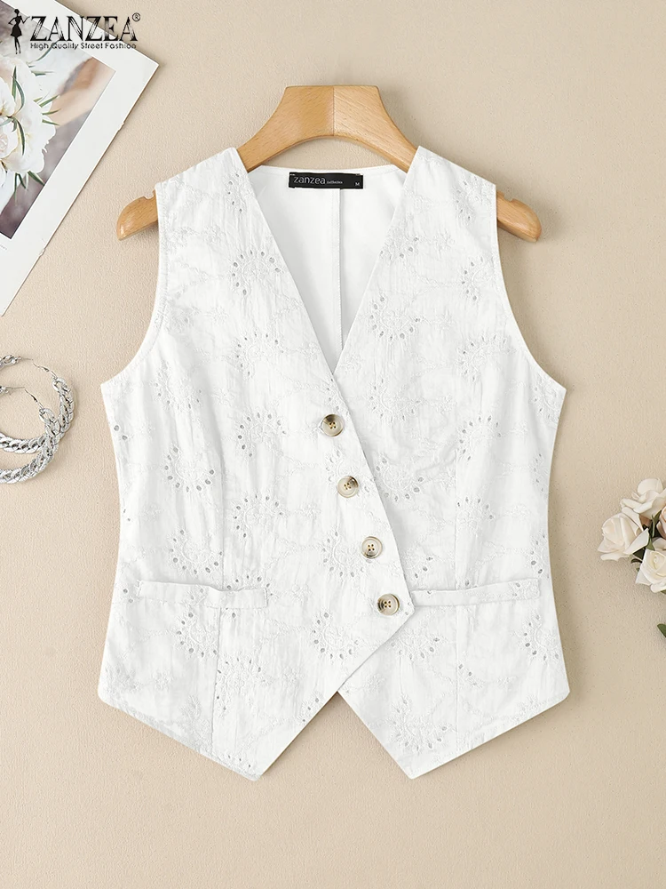 Women Elegant Sleeveless Vests Tops ZANZEA Stylish Summer Blouses Fashion Lace Patchwork Work OL Shirt Embroidery Holiday Camis