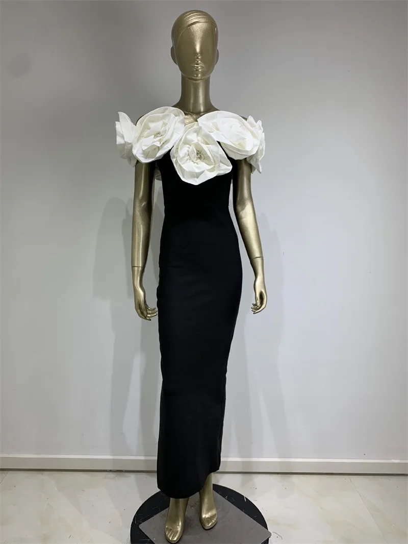 White 3D Flowers Strapless Bandage Women Party Gown Split Backless Prom Dress Black High Waist Evening Dress New Design In Stock