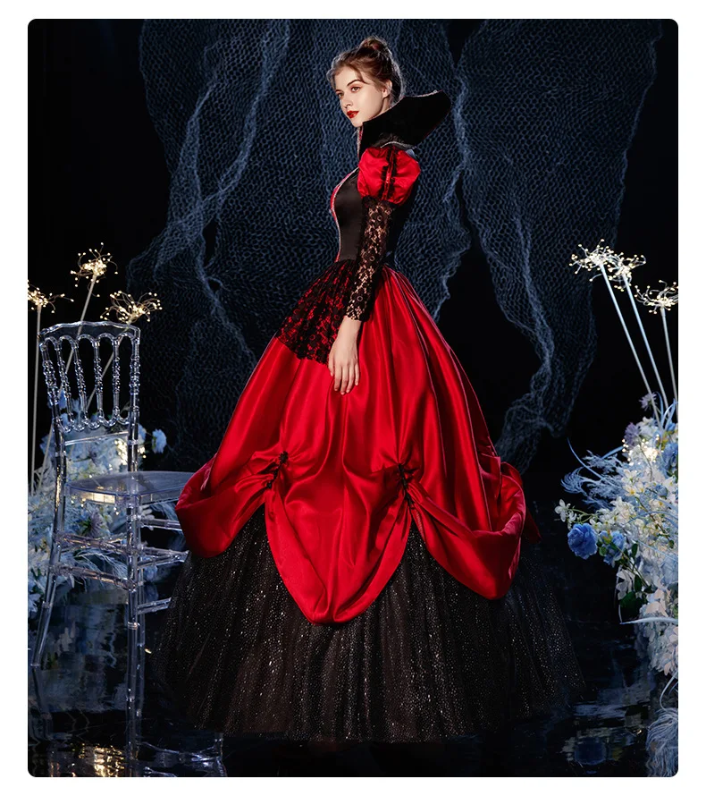 Vampire Cosplay Queen Dress com gola alta, vestido rainha, princesa Gothic vestido de baile, fantasia teatral para Carnaval, vermelho e preto