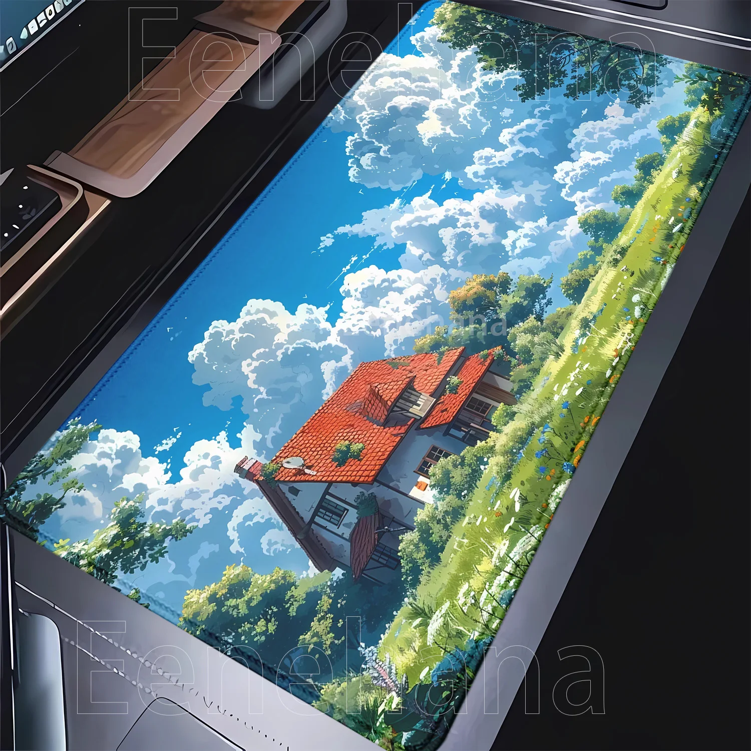 Tapis de souris rural cottage champ paysage paysage montagne coucher de soleil dessin animé tapis de souris antidérapant overlock 400x900mm HD impression tapis de bureau
