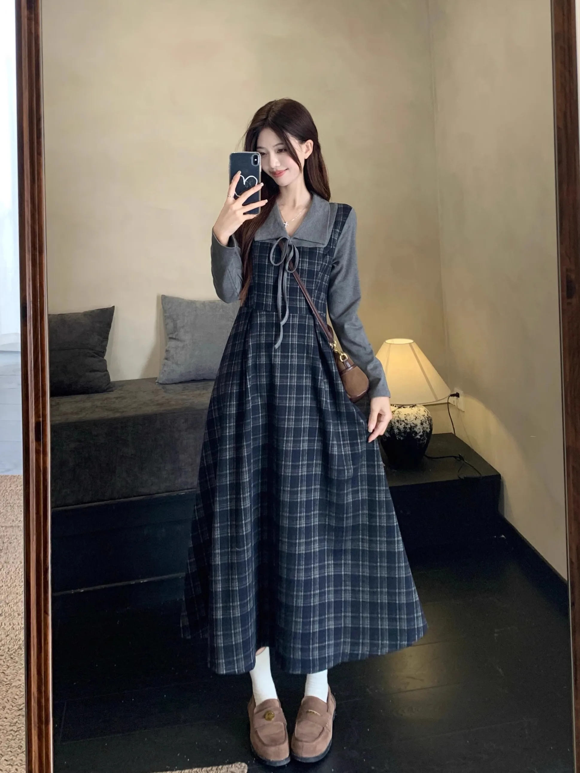 

Новое женское осеннее платье большого размера А-силуэта с высокой талией, приталенное, в клетку, для школы и офиса, с длинным рукавом