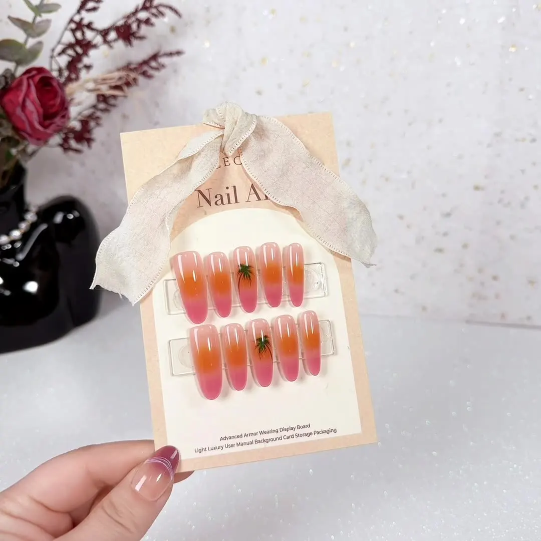 10 pièces été presse sur ongles Hawaii cocotier fait à la main détachable portable rose dégradé femme faux ongles conseils Art