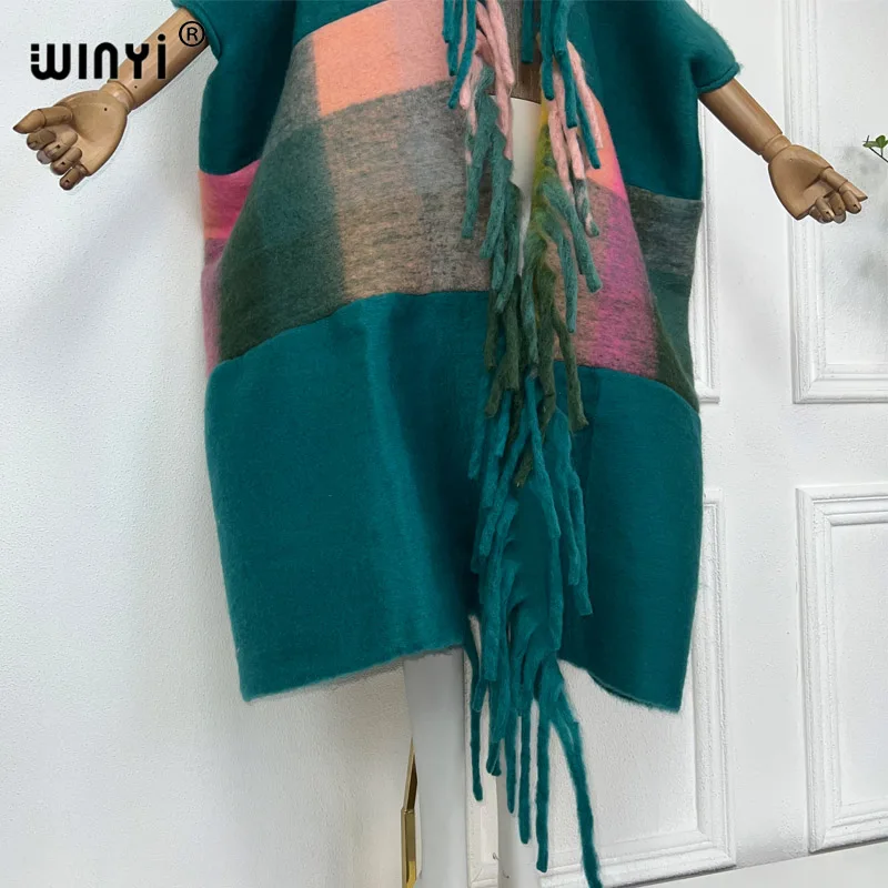 Winyi Catwalk Model Winterjas Jurk Voor Vrouwen Afrika Print Kwastjes Luxe Lange Bont Losse Overjas Dikke Warme Lange Donzen Jas