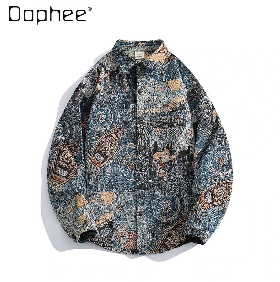 

2025 Spring and Autumn New Oil Painting Print Turn-down Collar Long Sleeve Shirt American Retro Art Student Casual Shirt