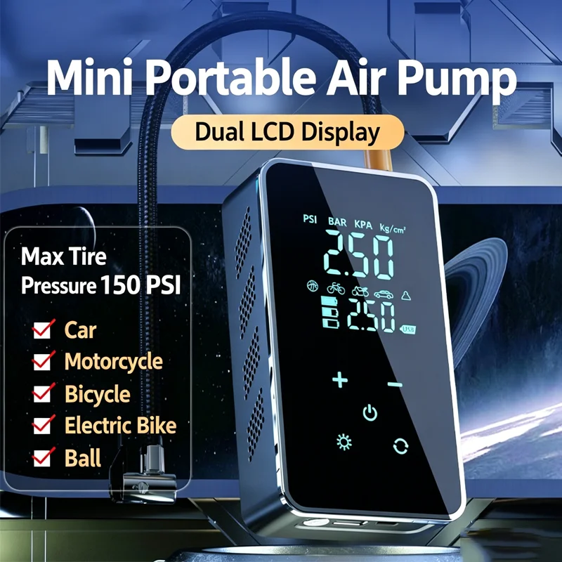 

MQHS Wireless Motorcycle Air Pump 150PSI Touch Screen Portable Electric Tire Inflator for Car Bike Tires Football Balls Mini Air Compressor