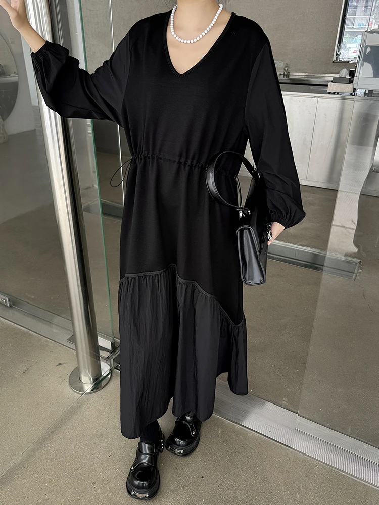 

Women Black Drawstring Spliced Big Size Long Dress New Round Neck Long Sleeve Fashion Tide Spring Autumn