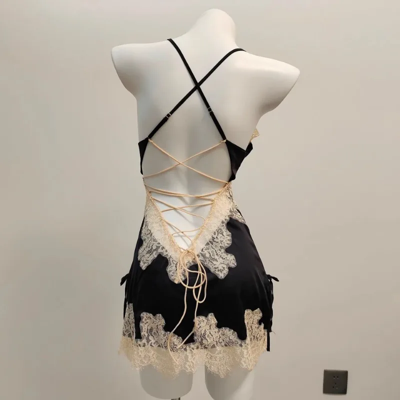 Pijamas sexys para mujer, ropa de dormir de encaje de seda helada, parte de atrás bonita, pijama con tirantes, vestido de noche con tirantes elegantes, camisón dulce 2025