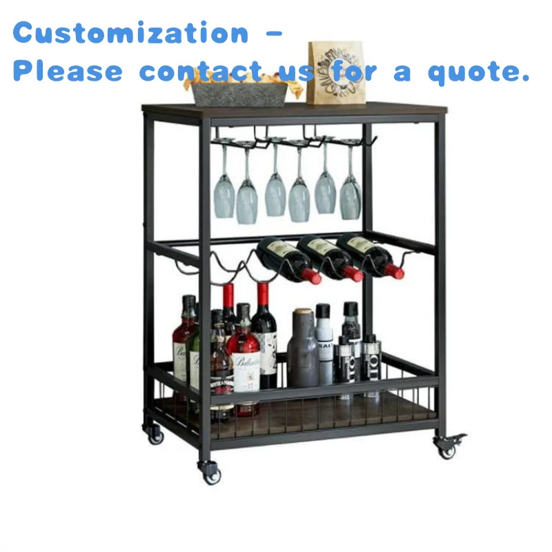 

custom.Industrial Metal Frame Kitchen Cart Mobile Bar Serving Cart With Wheels Beverage Cart with Wine Rack Glass Holder