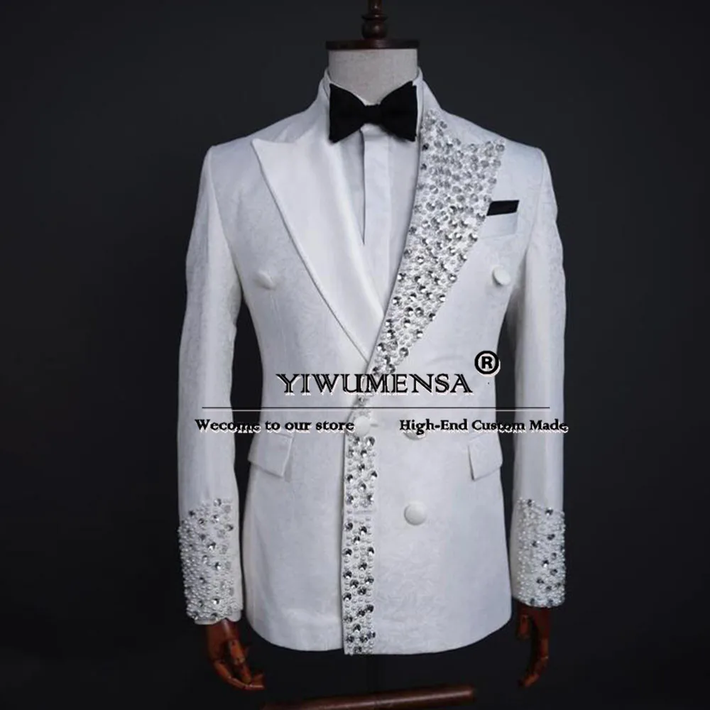 Luxury Diamond Beaded Suits Men For Wedding Double Breasted Floral Jacket Pants 2 Piece Bridegroom Tuxedos Tailored Male Clothes