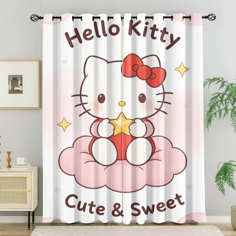 

2 Pcs Sweet Hello Kitty Grommet Curtains Light Blocking Sunscreen Durable Polyester Window Drapes For Girl Bedroom Home Decor