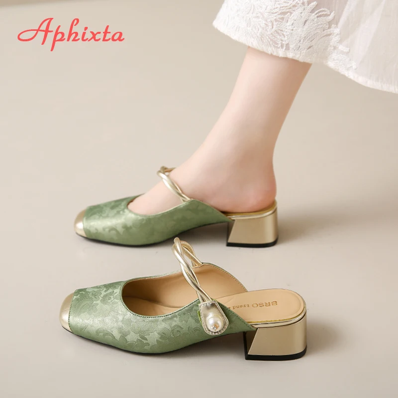 

Сандалии Aphixta женские в стиле ретро, квадратный каблук 4,5 см, блестящие шлепанцы с жемчугом, цвет зеленый, современные Тапочки