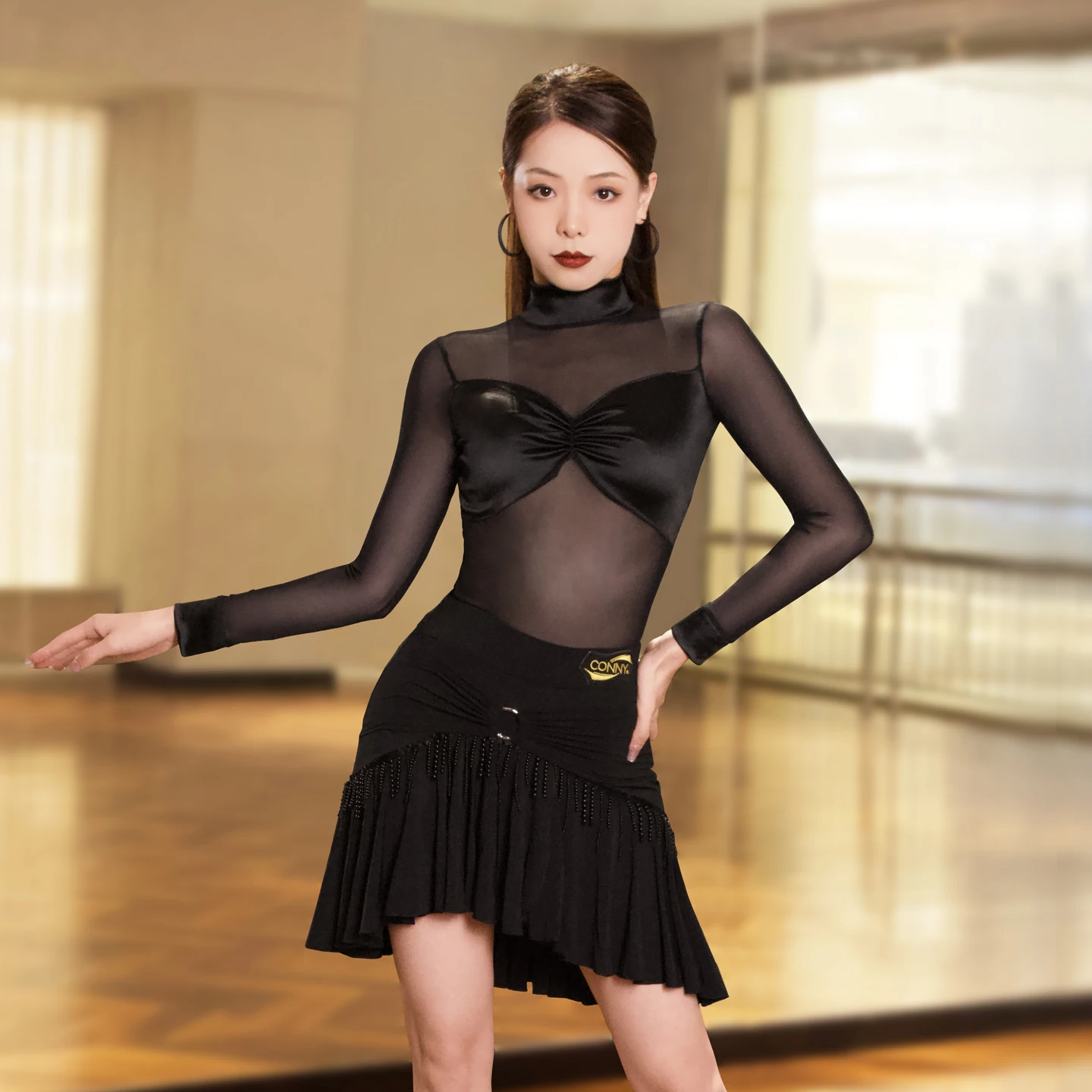 

Black Latin Dance Costume Women Latin Training Clothes Long Sleeve Leotard Ruffle Skirt Adult Cha Cha Rumba Practice Wear 2930